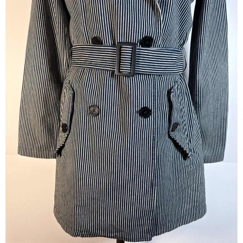 LAUREN Ralph Lauren blue striped denim double-breasted trench coat Small Spring